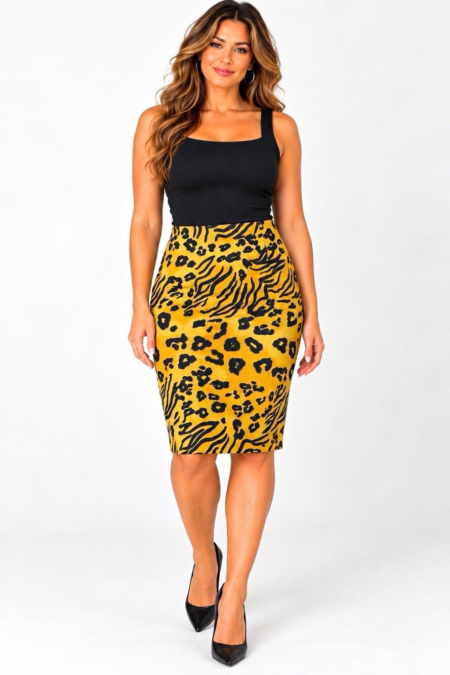Vanessa Williams Yellow/Black Leopard Knit Stretch Pencil Skirt High Rise L EUC